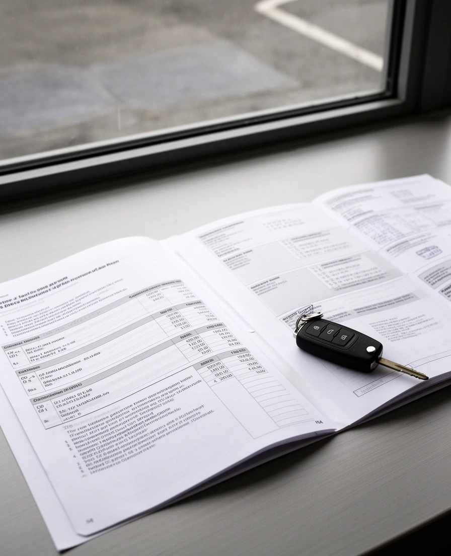 Used car paperwork and a set of keys on a forecourt desk