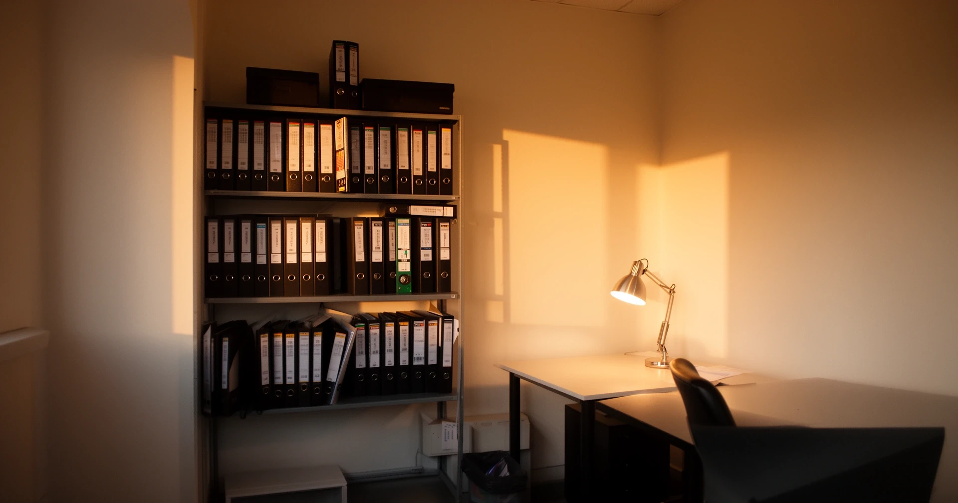Small office interior with filing shelves and a desk lamp
