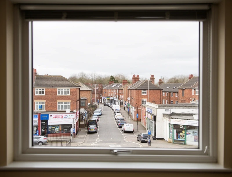View from the office window onto a suburban high street