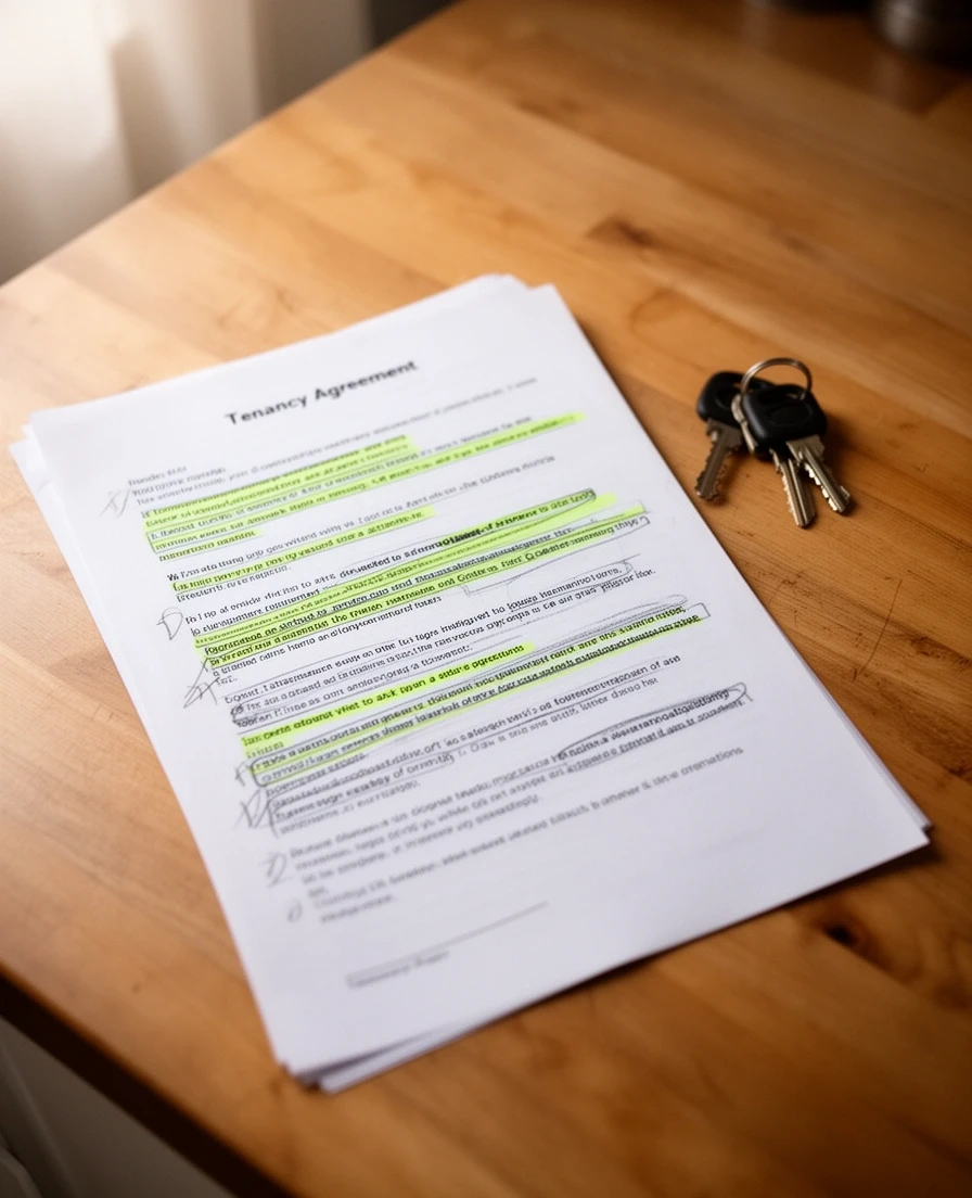 Tenancy agreement on a table with sections marked in pencil