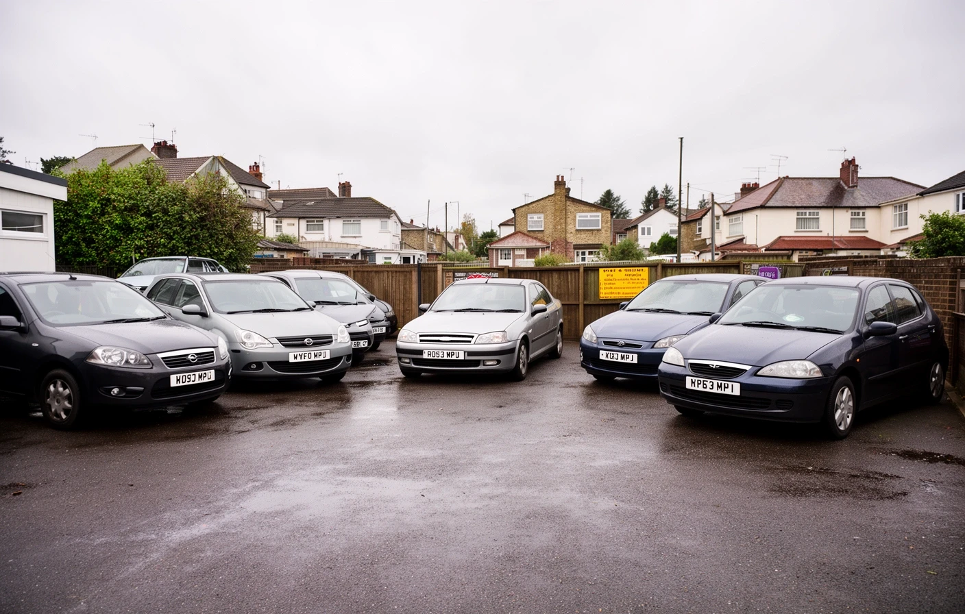 Used cars lined up on a small independent forecourt